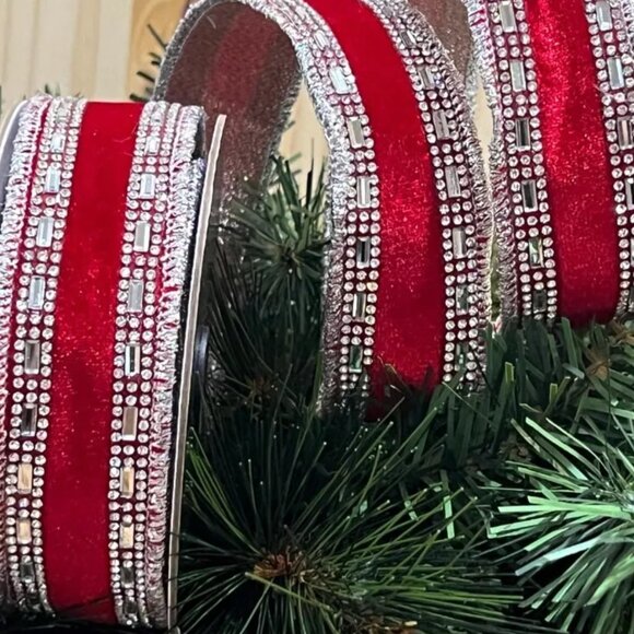 5 Yards, Red Velvet with Crystal Jewel Edge Trim Wired Christmas Ribbon - Picture 1 of 5